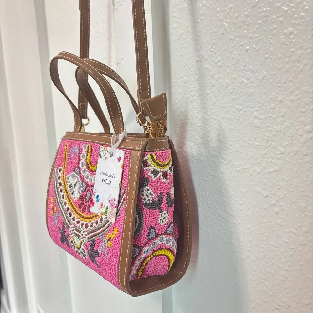 NWT Anthropologie Crossbody Bag Pink and Brown with Boho Embroidery - Picture 7 of 11